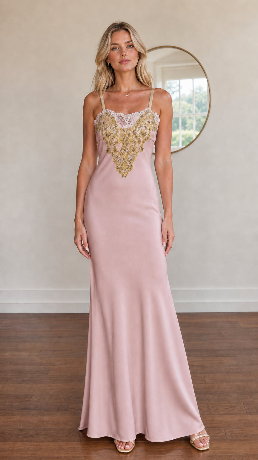 Model wearing blush pink satin maxi dress with gold embroidered bodice