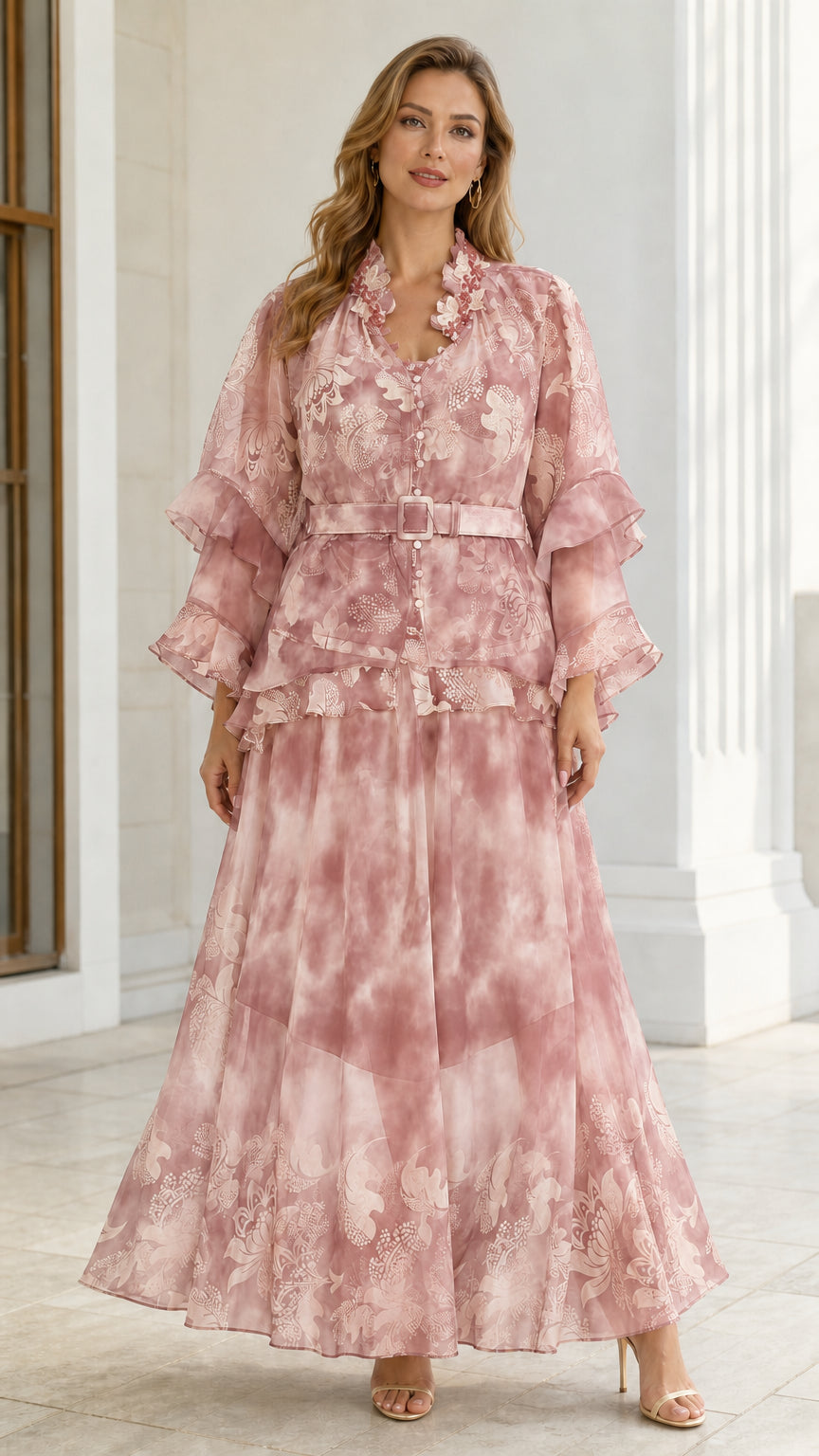 Dusty pink floral print belted chiffon maxi dress with tiered sleeves