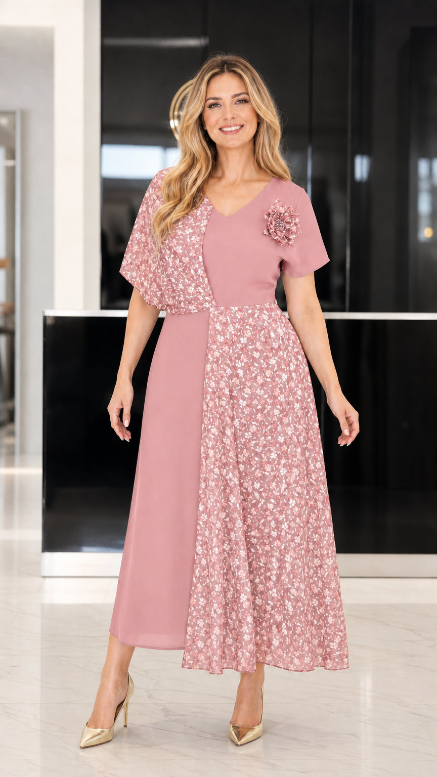 Front view of dusty rose pink asymmetrical floral patchwork midi dress