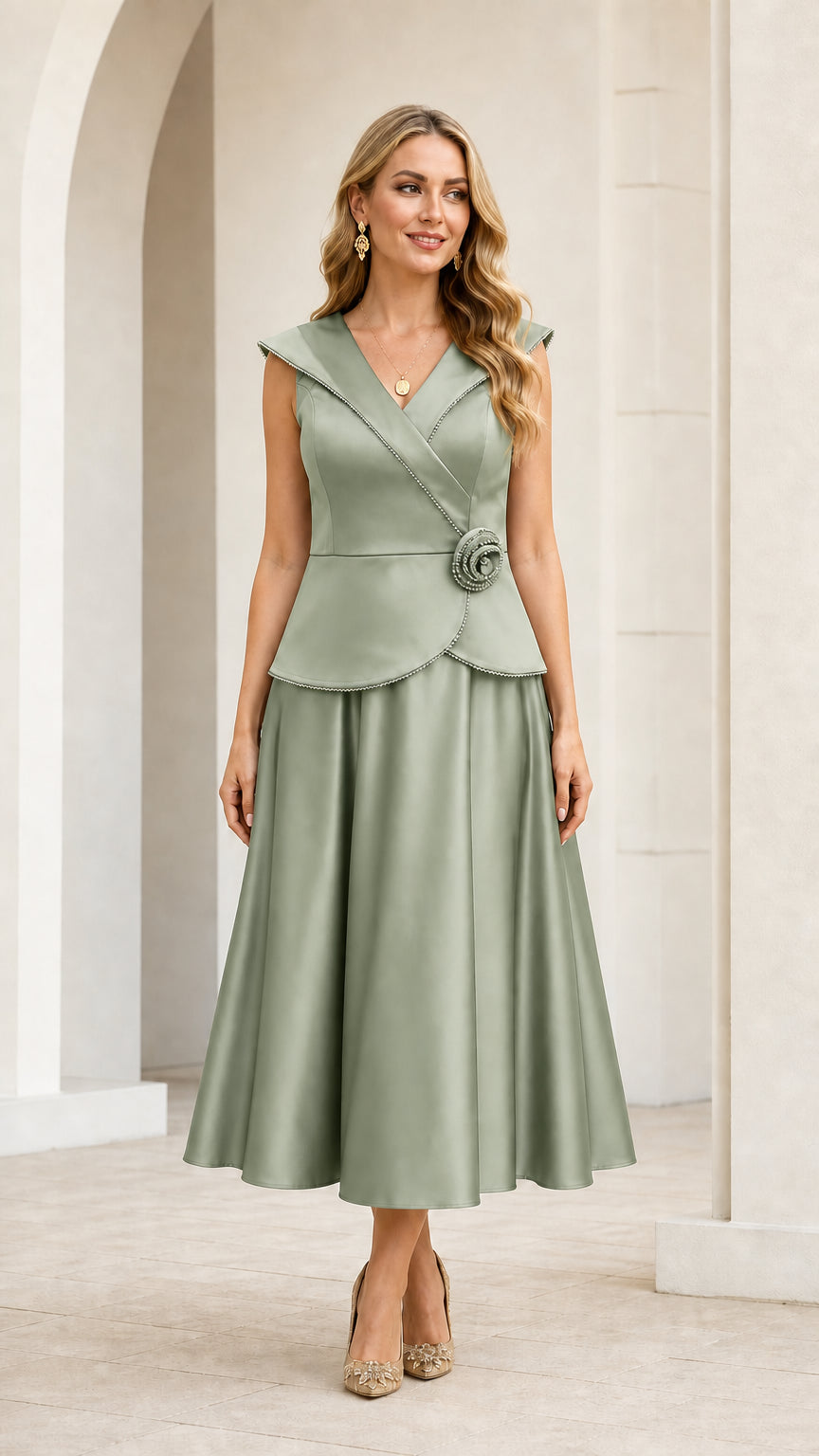 Front view of sage green sleeveless peplum cocktail midi dress