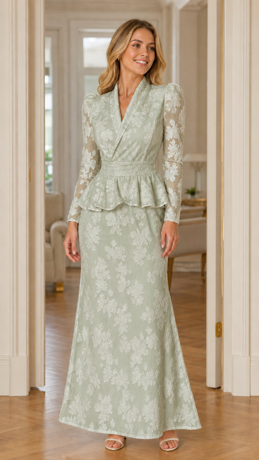Front view of woman wearing sage green floral jacquard peplum evening dress