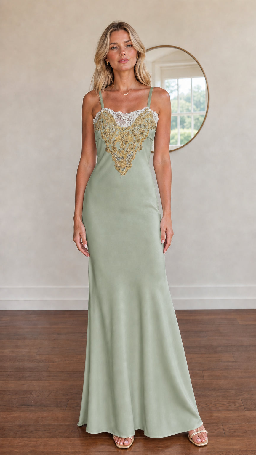 Model wearing sage green satin maxi dress with gold embroidered bodice