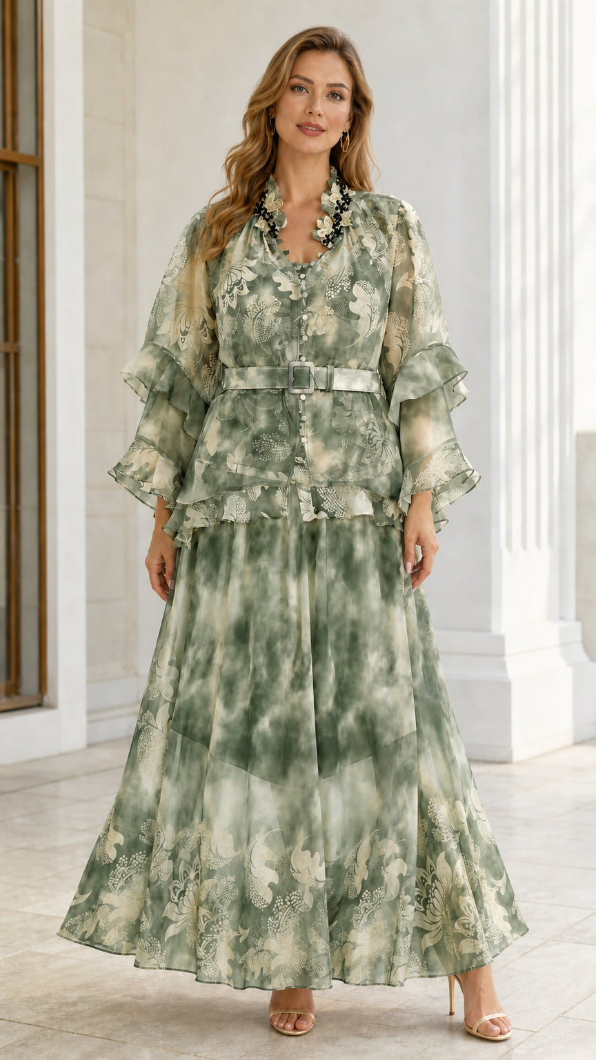 Sage green floral print belted chiffon maxi dress with tiered sleeves
