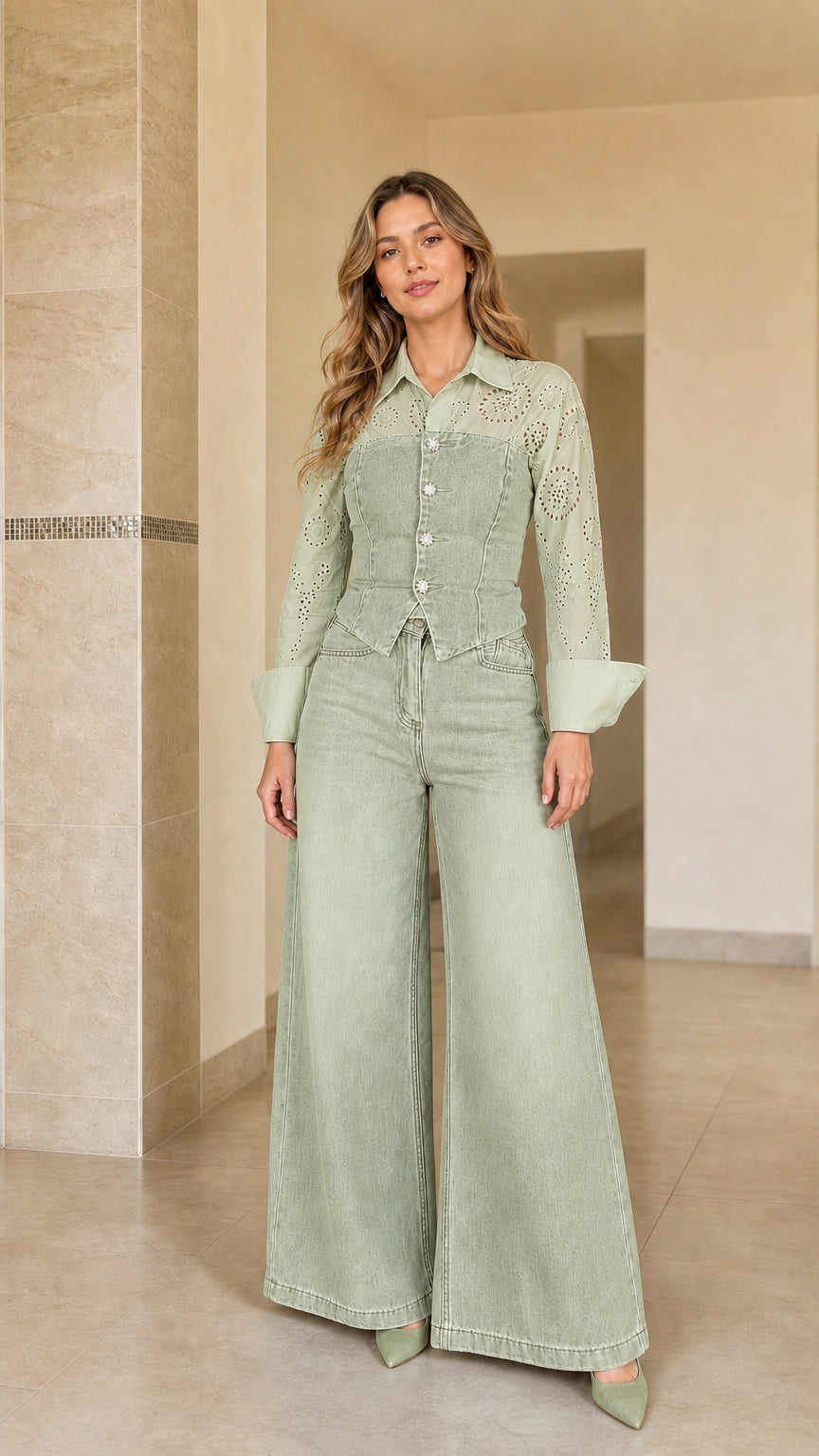 Woman wearing monochromatic Sage Green eyelet corset shirt and wide leg jeans