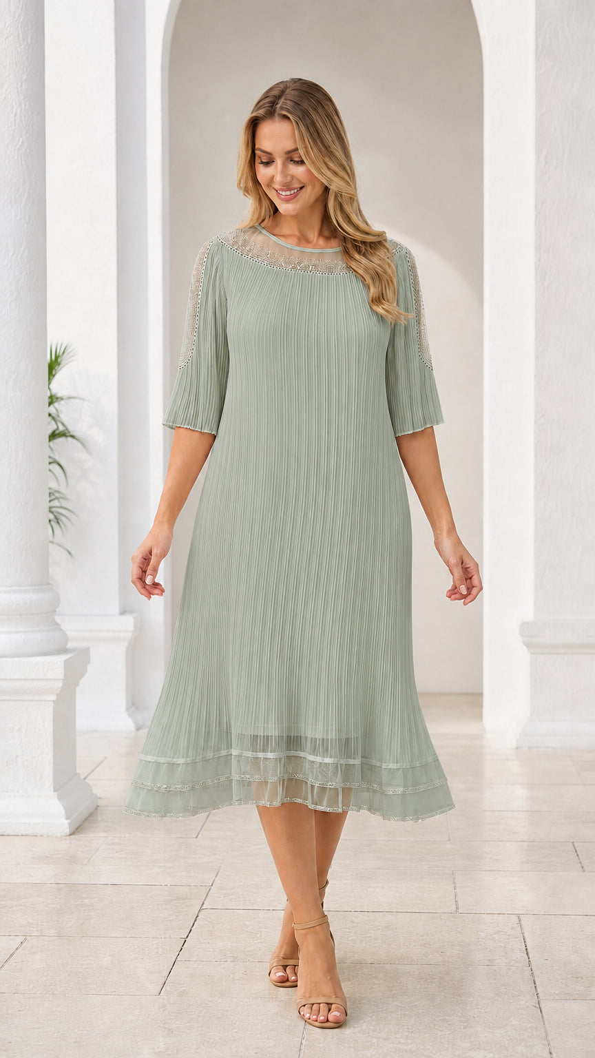 Sage green pleated midi dress with rhinestone illusion neckline and half sleeves