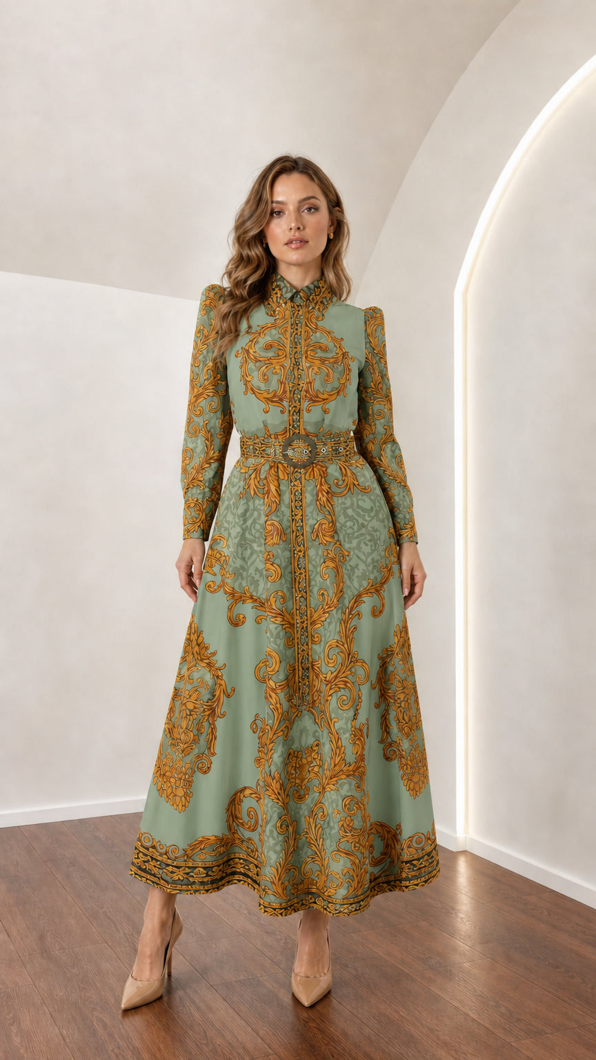Model wearing sage green and gold vintage scroll print maxi dress with belt
