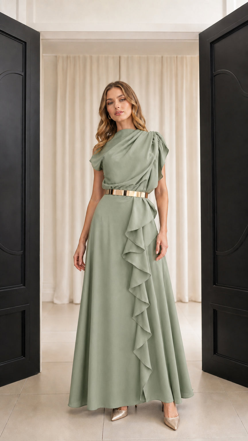 Sage green asymmetric draped maxi dress with cascading ruffle