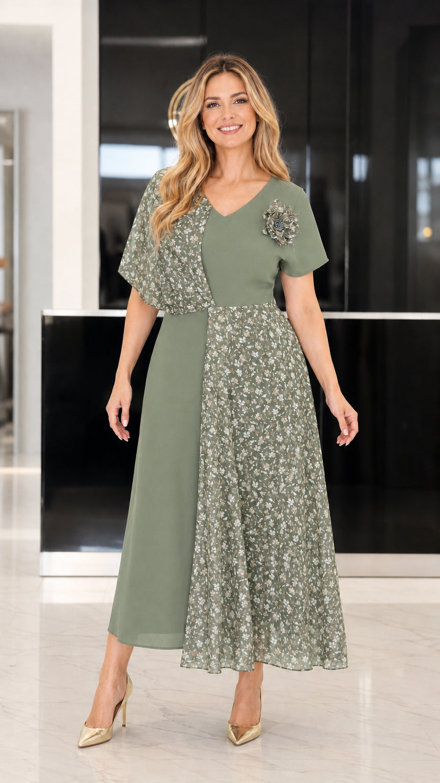Front view of sage green asymmetrical floral patchwork midi dress
