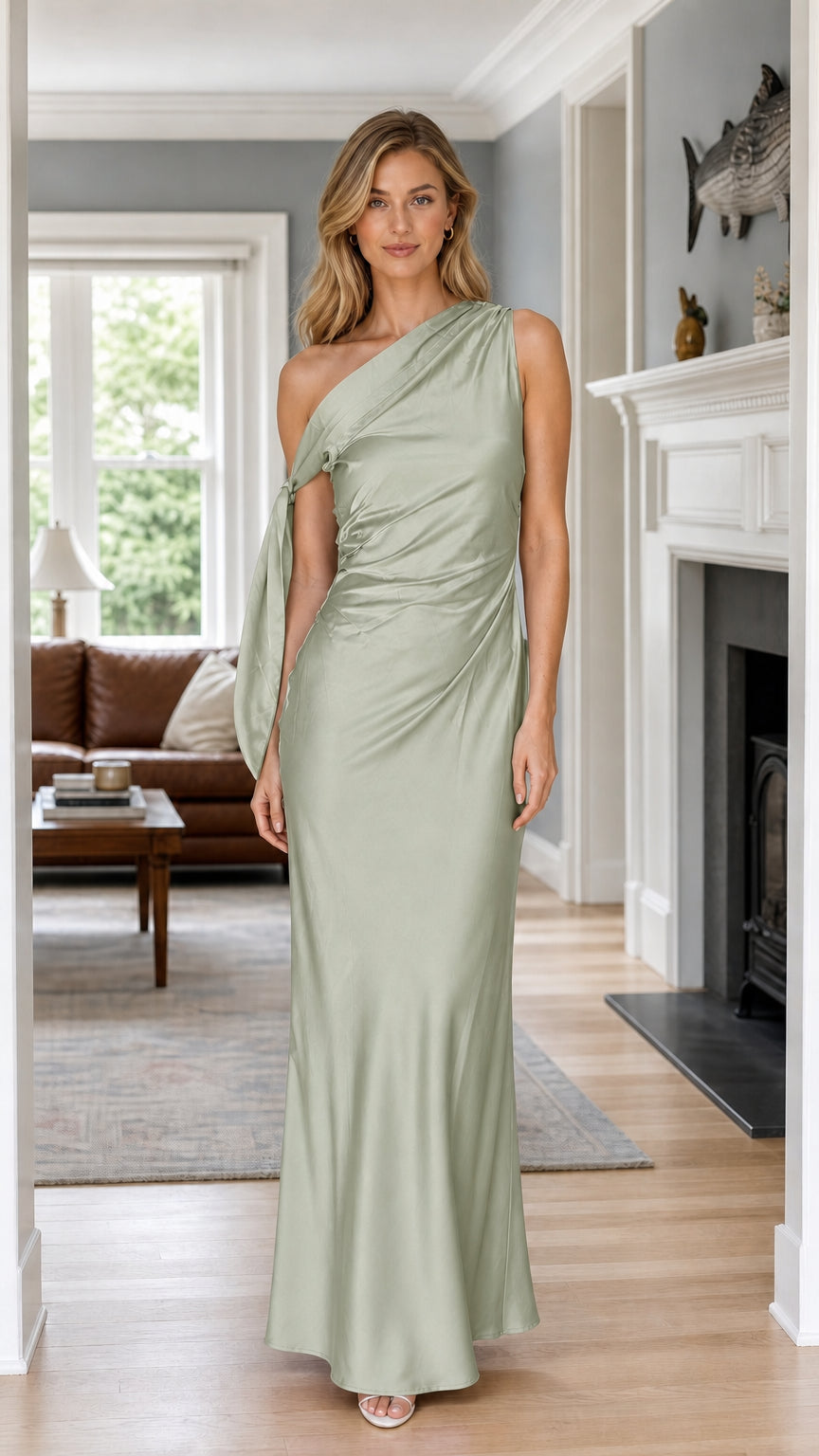 Front view of sage green one-shoulder draped satin maxi gown