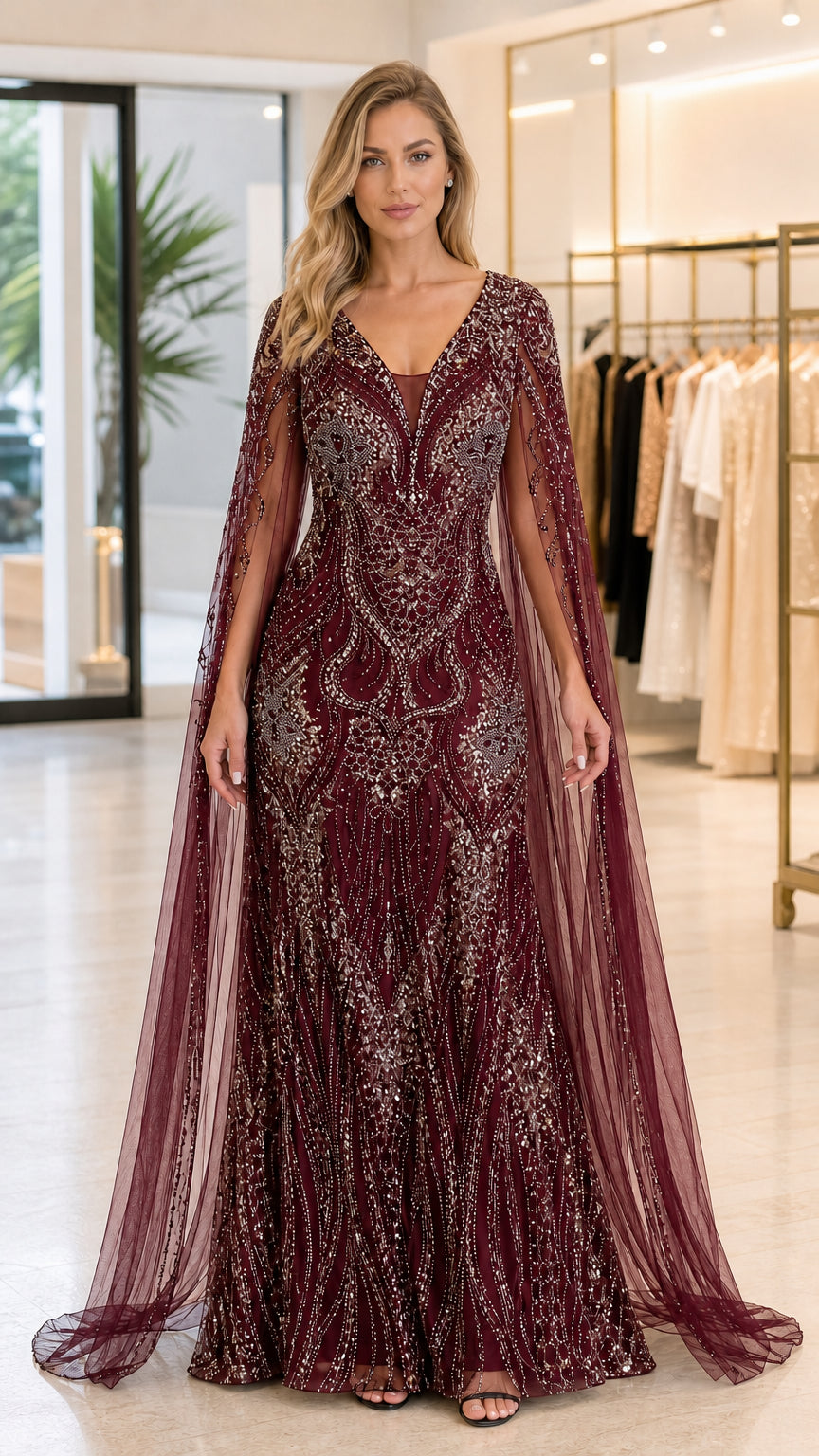 Front view of burgundy red sequin and beaded cape evening gown