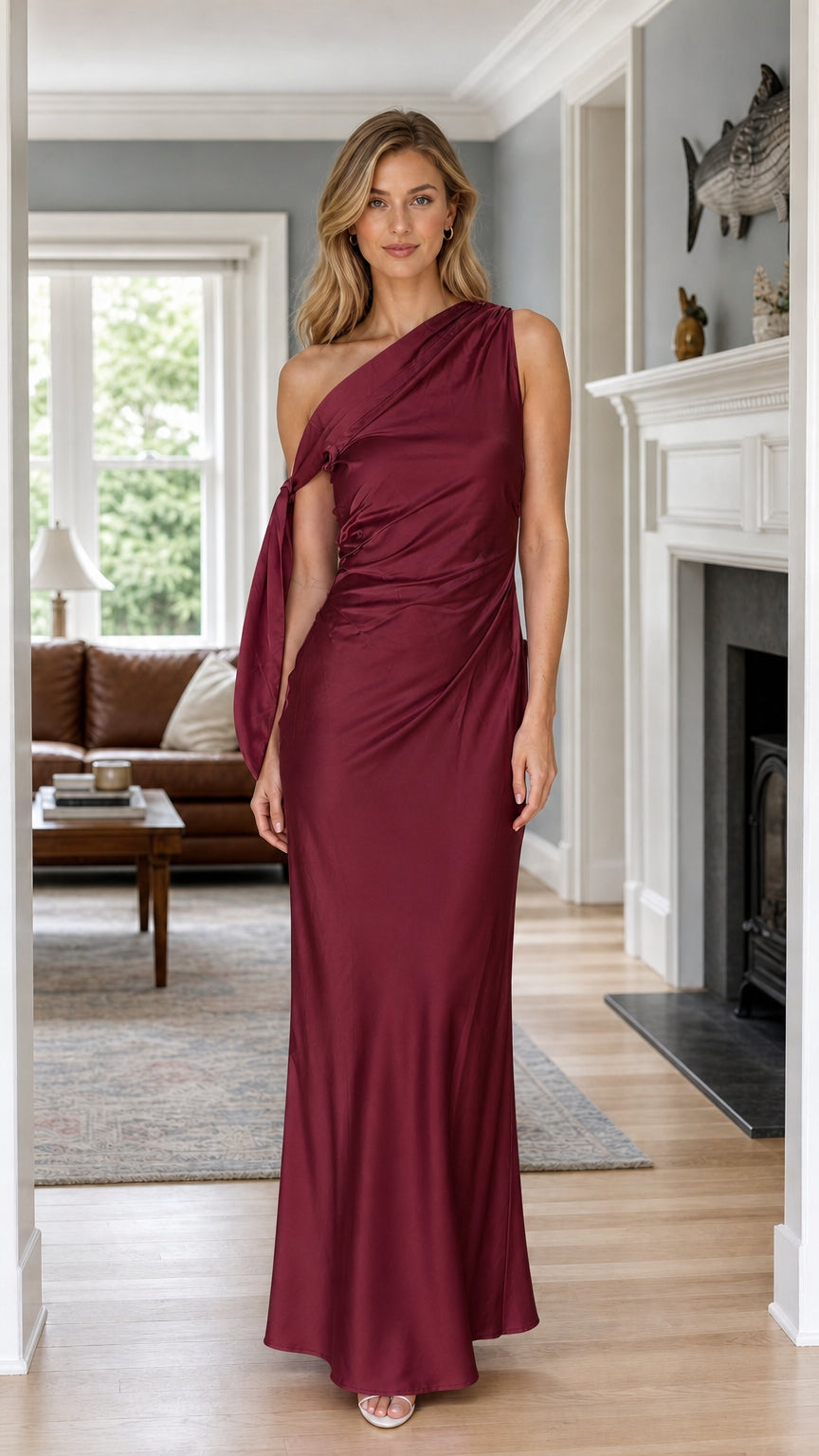 Front view of burgundy one-shoulder ruched satin maxi dress