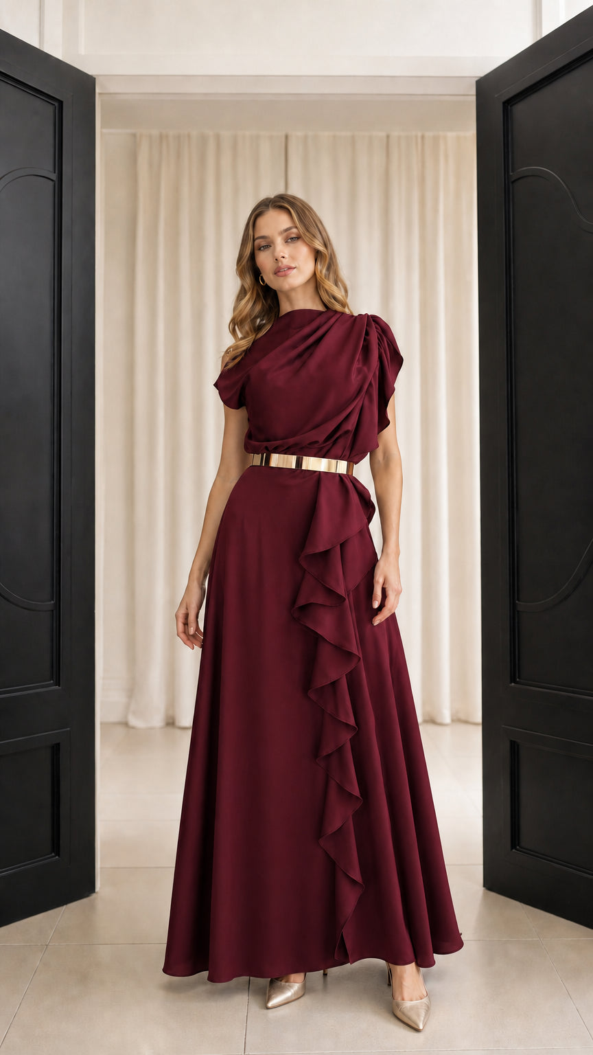 Burgundy wine red asymmetric draped formal gown with metallic belt