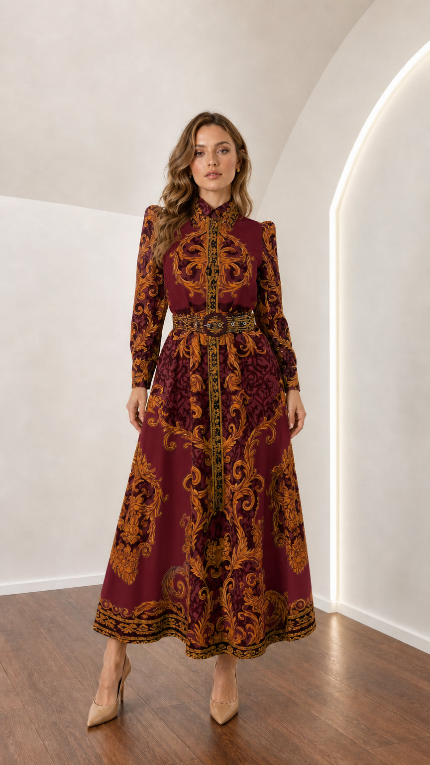 Model wearing burgundy wine baroque print long sleeve maxi shirt dress