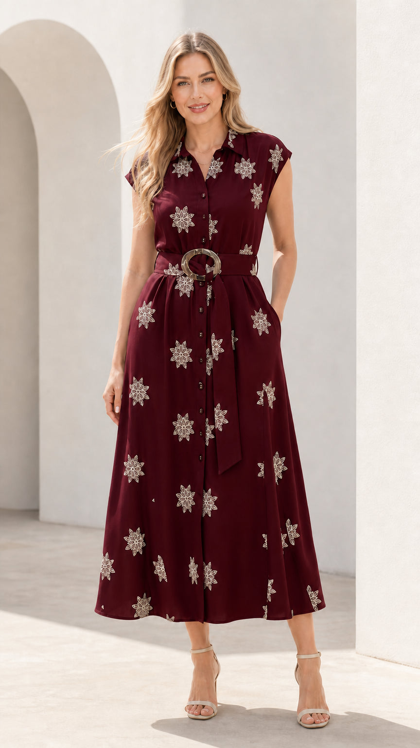 Front view of woman wearing burgundy wine embroidered midi shirt dress