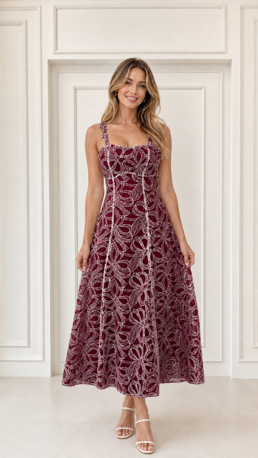 Woman wearing burgundy wine lace A-line midi dress