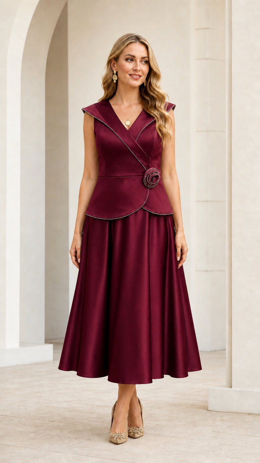 Front view of burgundy sleeveless peplum formal evening midi dress