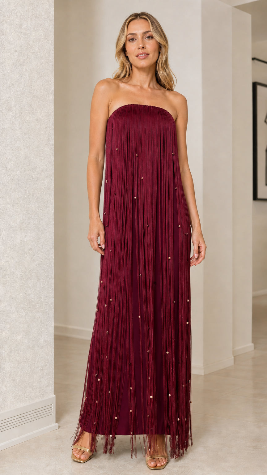 Burgundy wine red strapless beaded fringe maxi gown