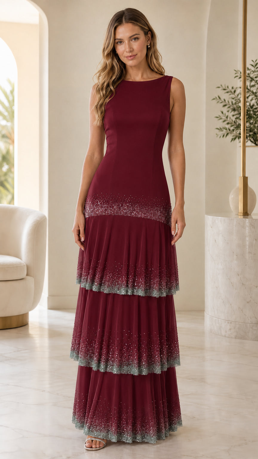 Full front view of burgundy wine red tiered shimmer pleated evening maxi dress