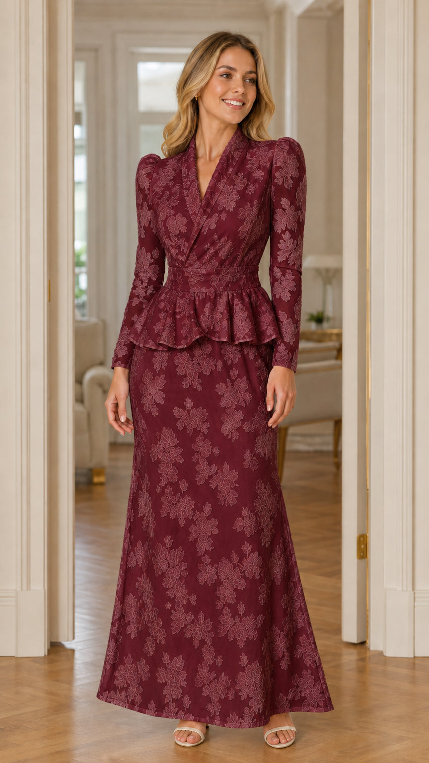 Front view of woman wearing burgundy wine long sleeve floral peplum evening dress
