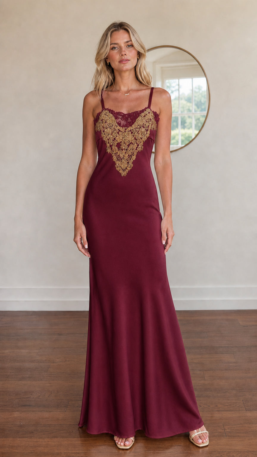 Model wearing burgundy satin maxi dress with gold embroidered bodice