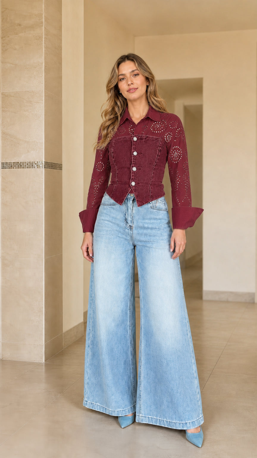 Woman wearing Burgundy wine eyelet lace shirt with matching corset bodice