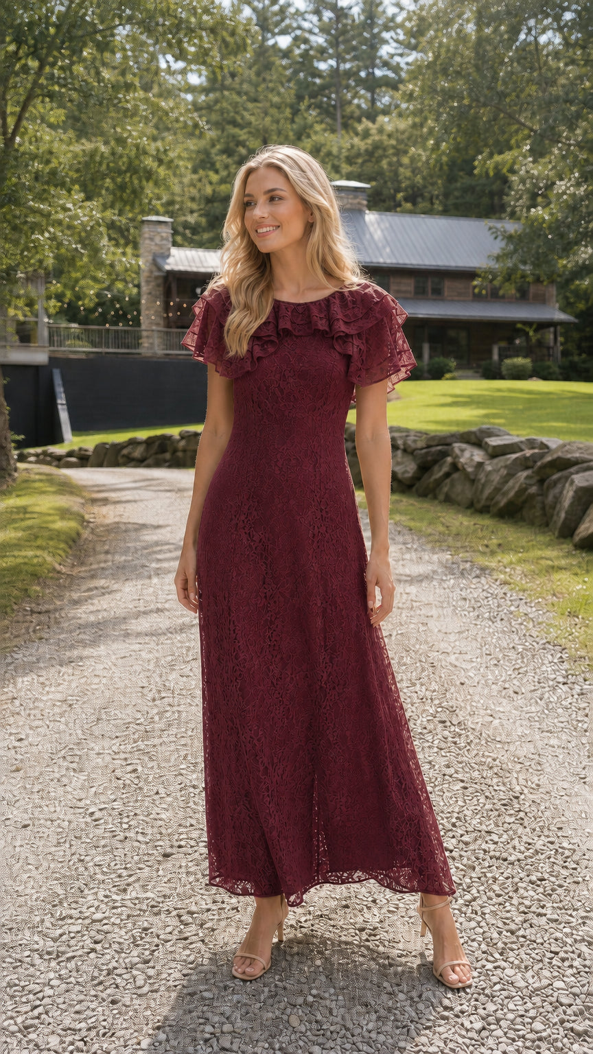 Full length photo of model in deep burgundy red lace evening maxi dress