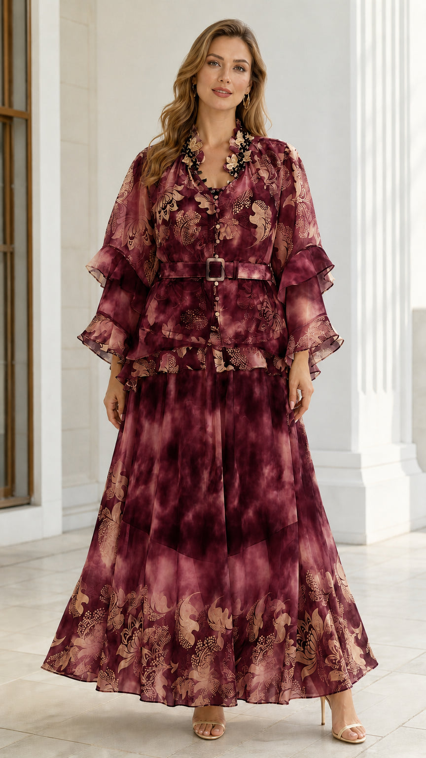 Wine red floral print belted chiffon maxi dress with tiered sleeves