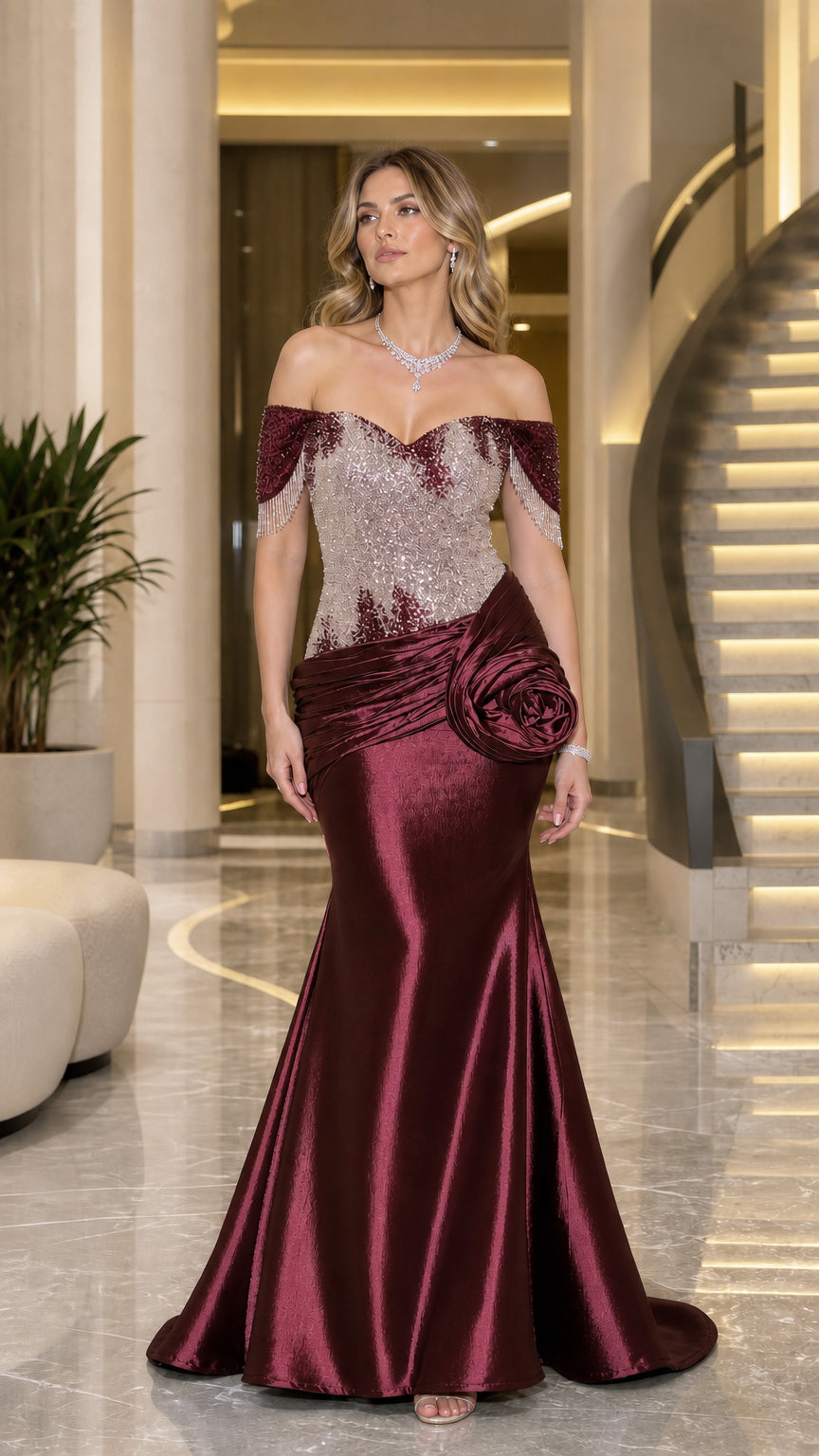 Burgundy wine red off-the-shoulder beaded bodice mermaid gala gown