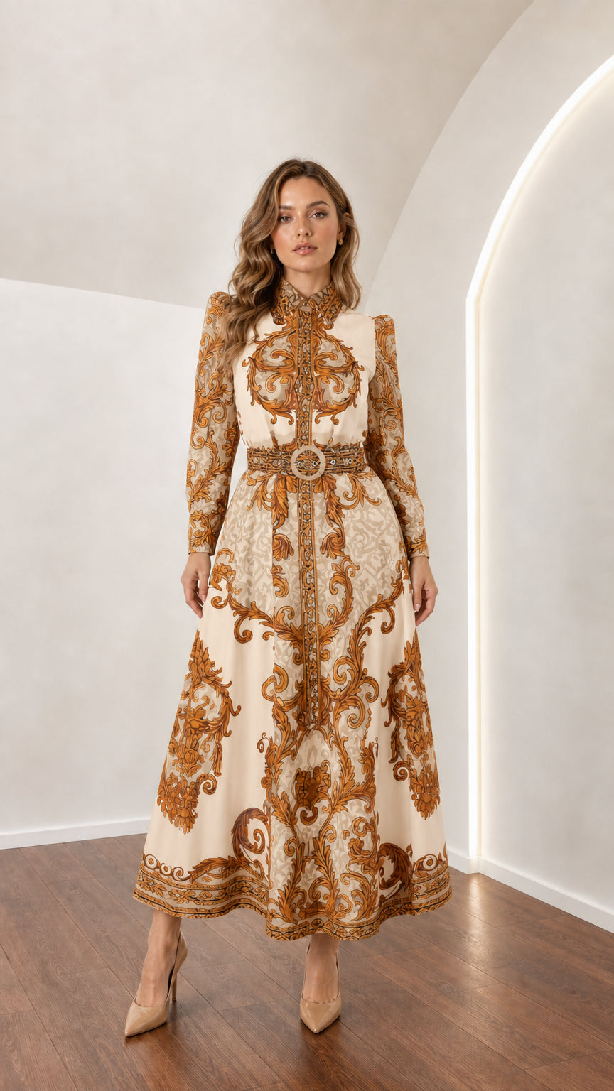 Model wearing cream champagne gold ornate scroll pattern belted maxi dress