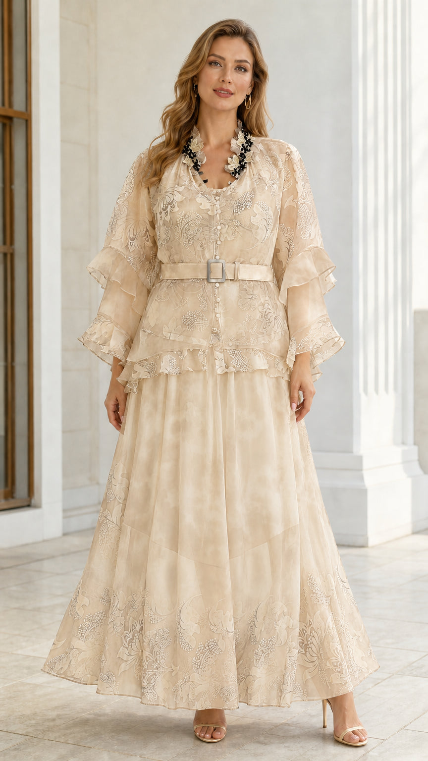 Champagne beige floral print belted chiffon maxi dress with tiered sleeves