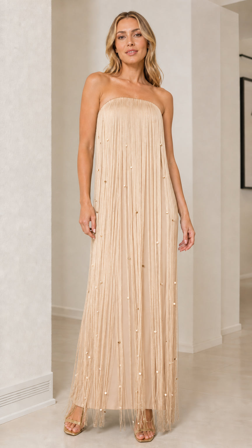 Champagne beige strapless beaded fringe evening maxi dress