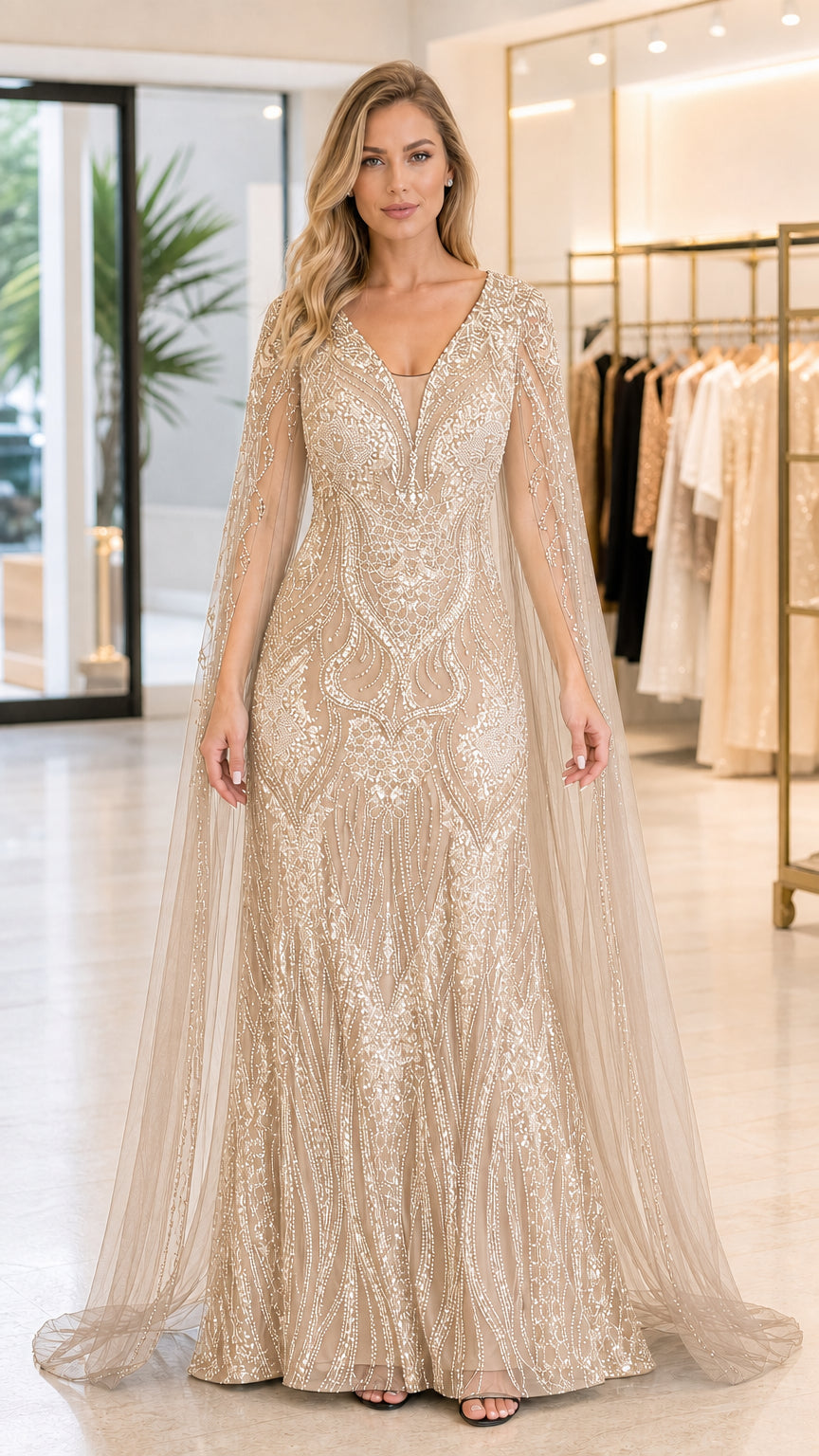 Front view of champagne gold sequined formal dress with cape sleeves
