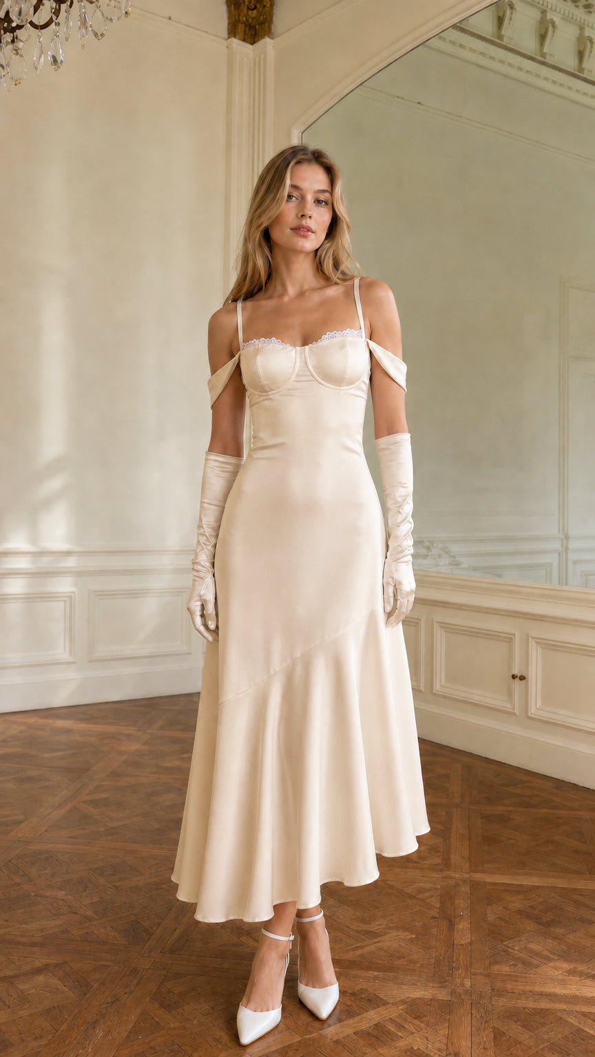 Full-length view of champagne cold-shoulder bustier satin midi dress