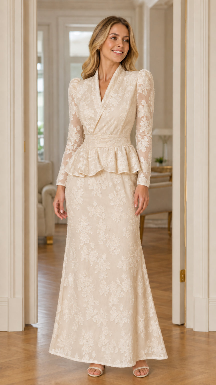 Front view of woman wearing champagne beige floral jacquard peplum maxi gown