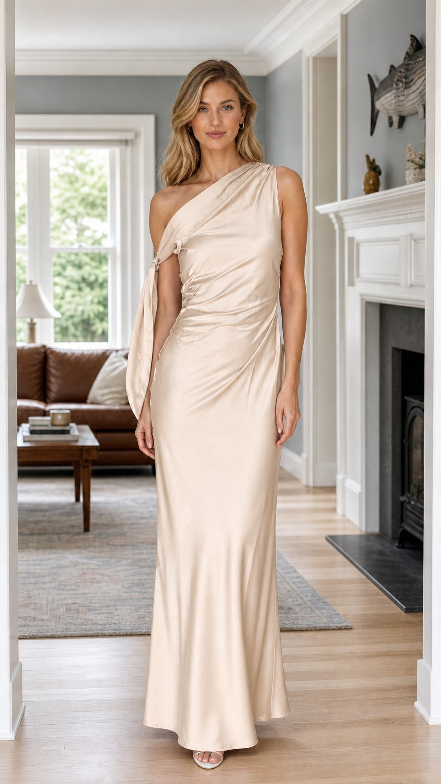 Front view of champagne satin one-shoulder draped formal gown