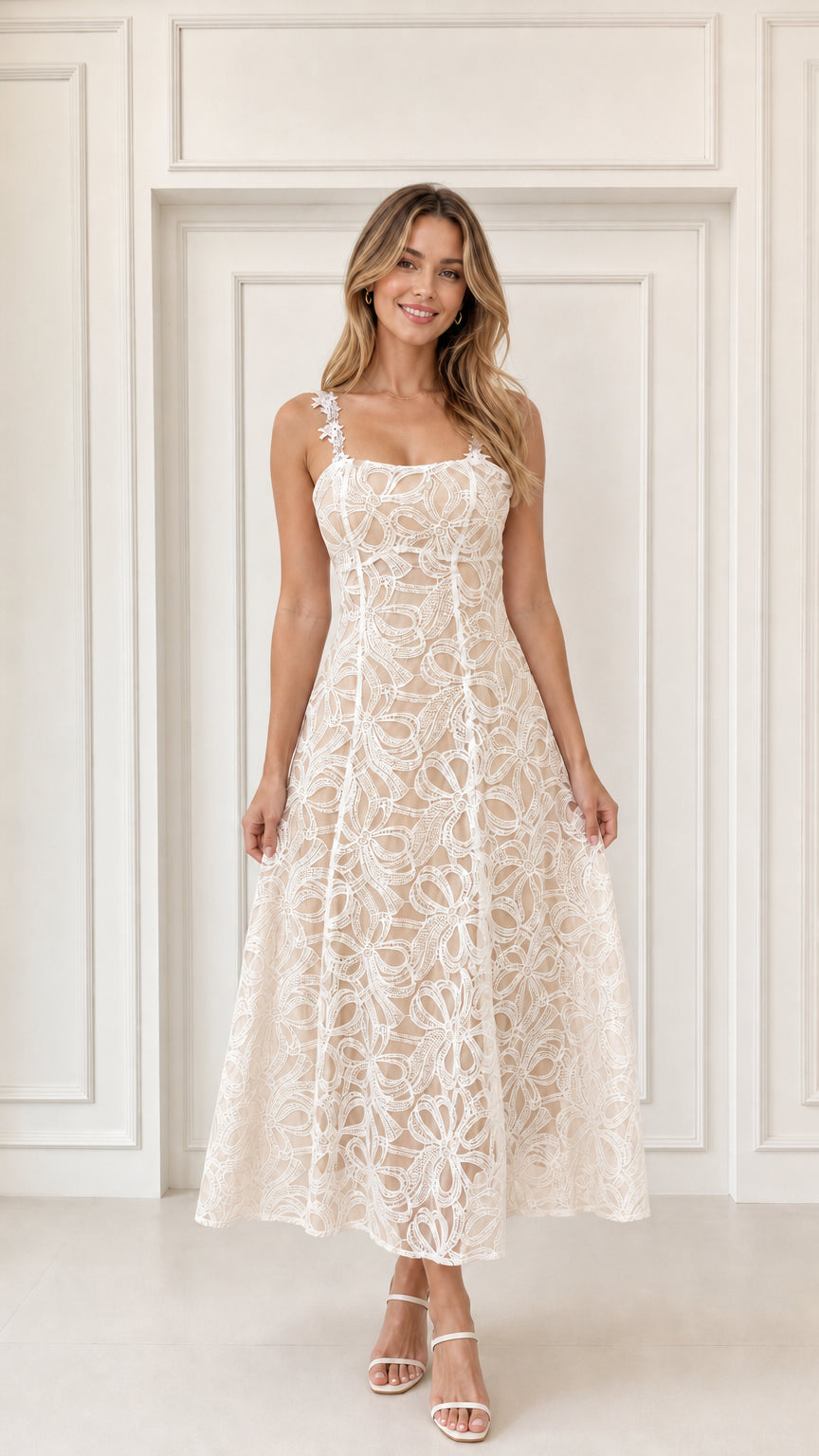 Woman wearing champagne beige floral lace A-line midi dress