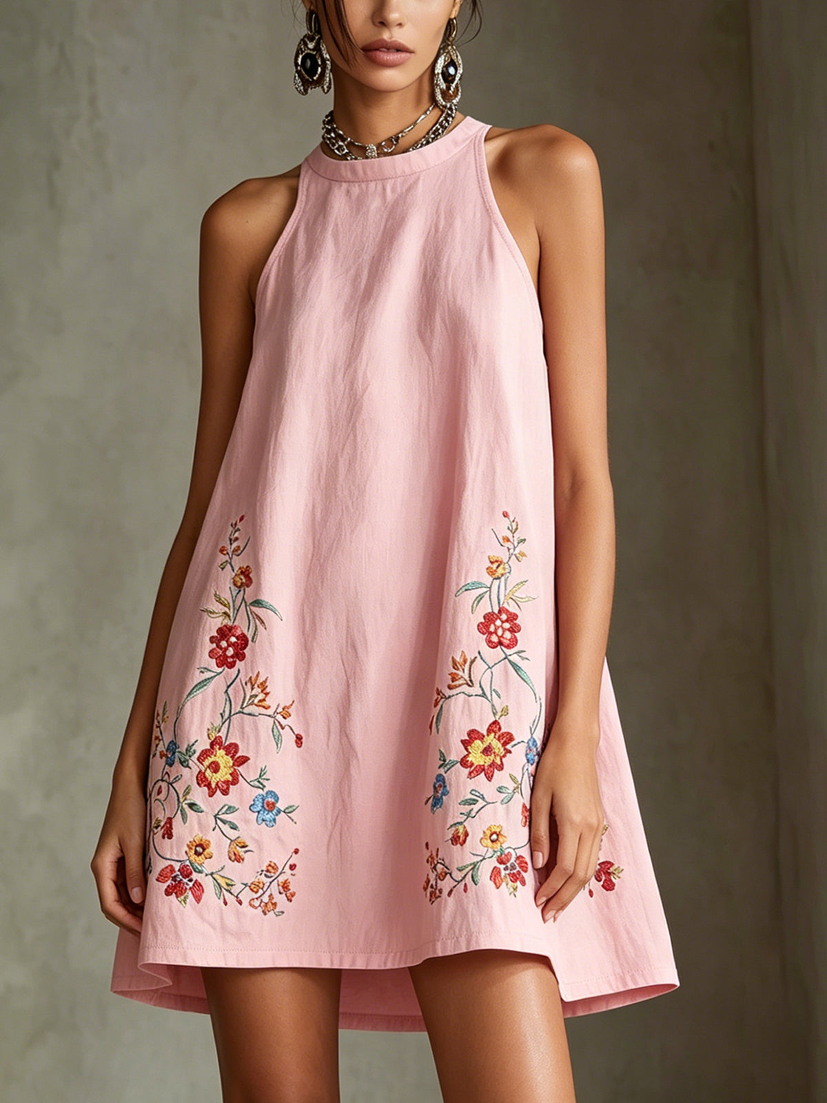 Black Embroidered Halter A-Line Mini Dress