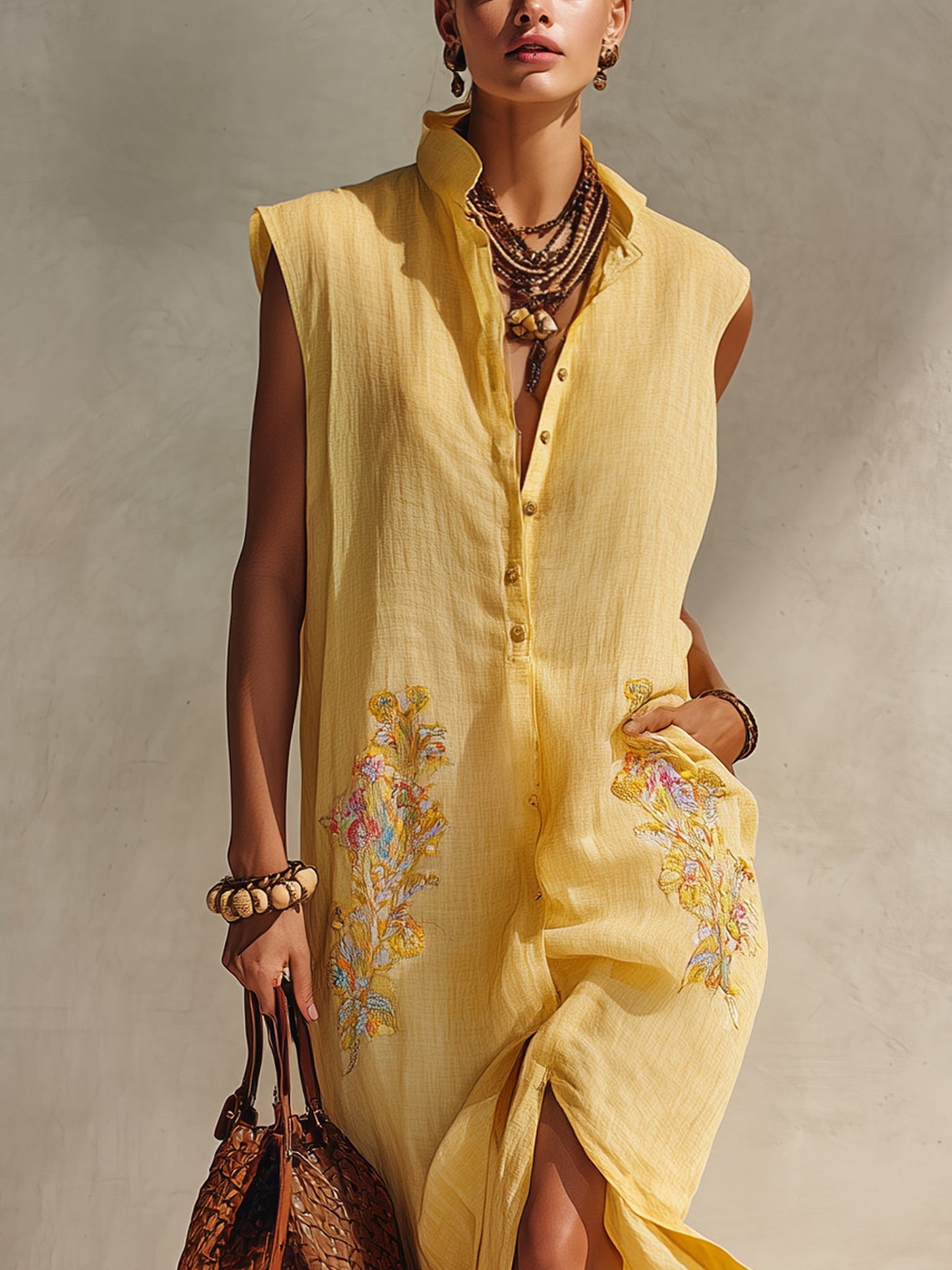 Sunshine Linen Blend Embroidered Maxi Dress