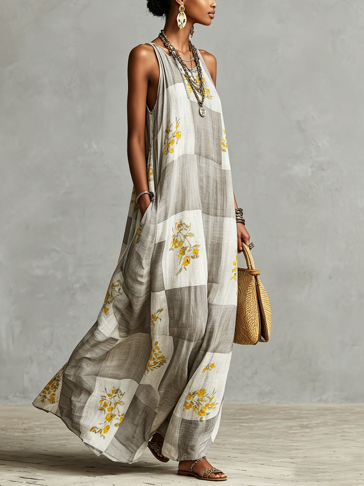 Gray and White Checkered Floral Print Sleeveless Maxi Dress