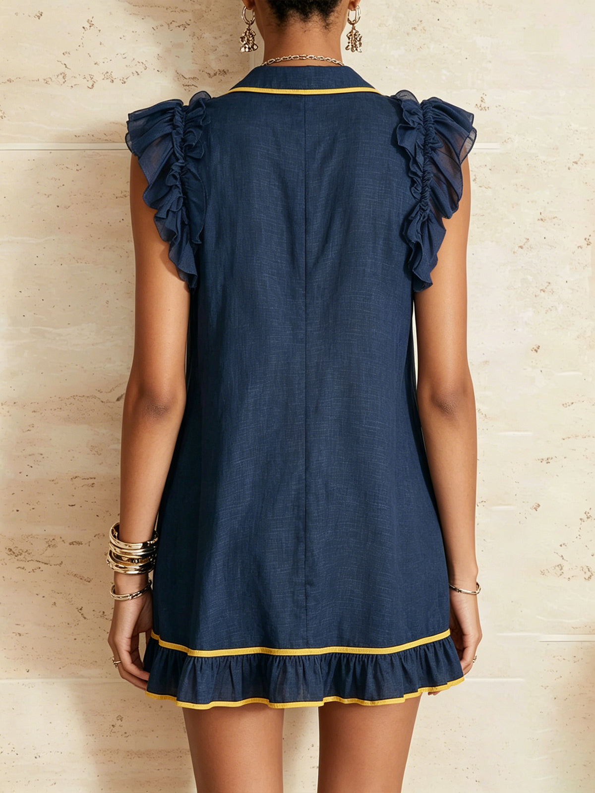 Navy Ruffle Mini Dress With Contrast Yellow Trim