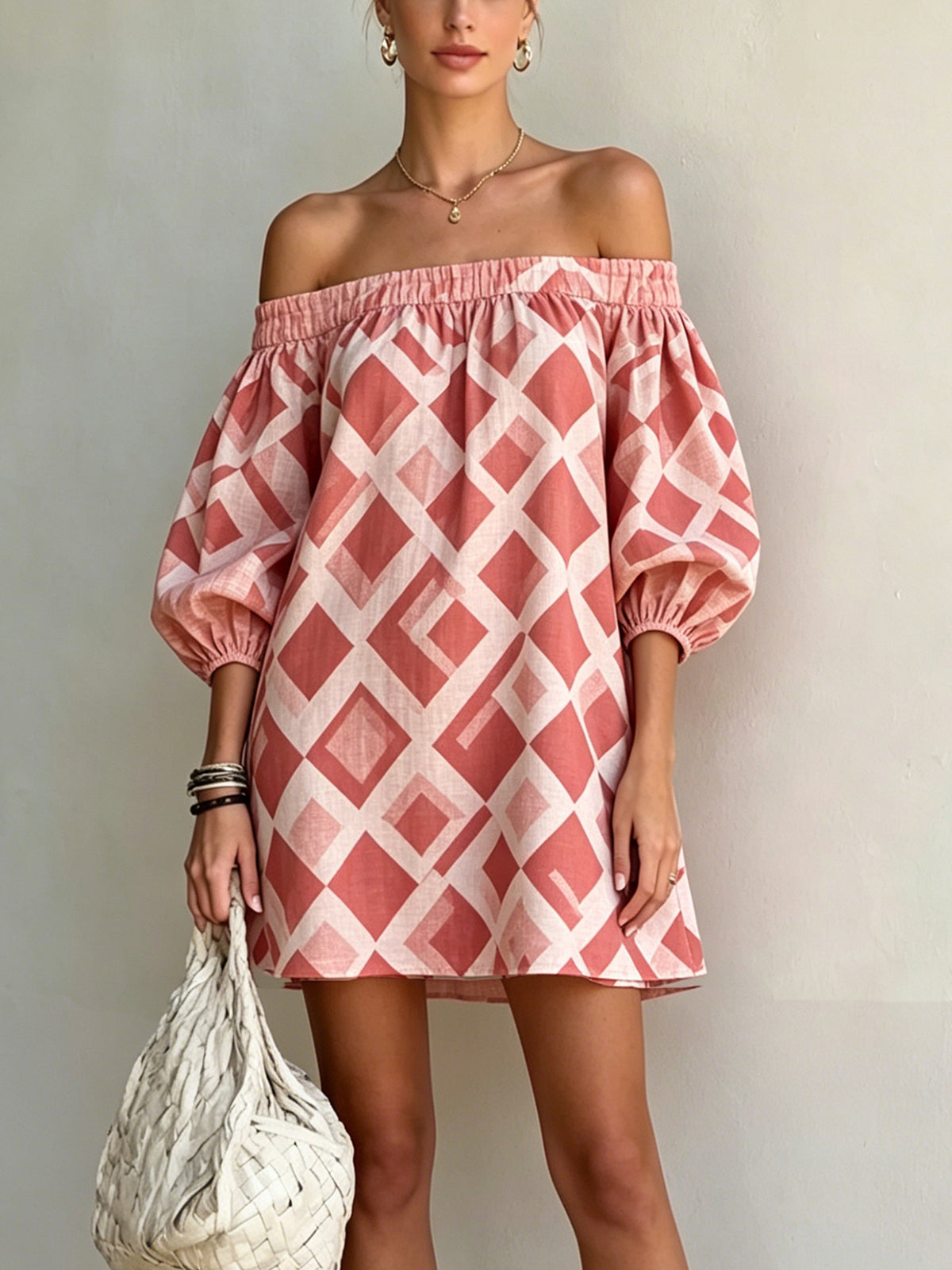 Pink Off-Shoulder Mini Dress With Balloon Sleeves