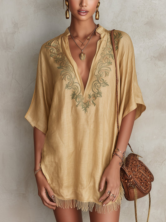 Beige Embroidered V-Neck Mini Dress With Fringe Hem