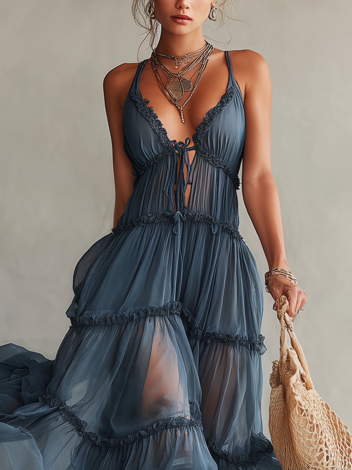 Blue Chiffon Tie Strap Maxi Dress