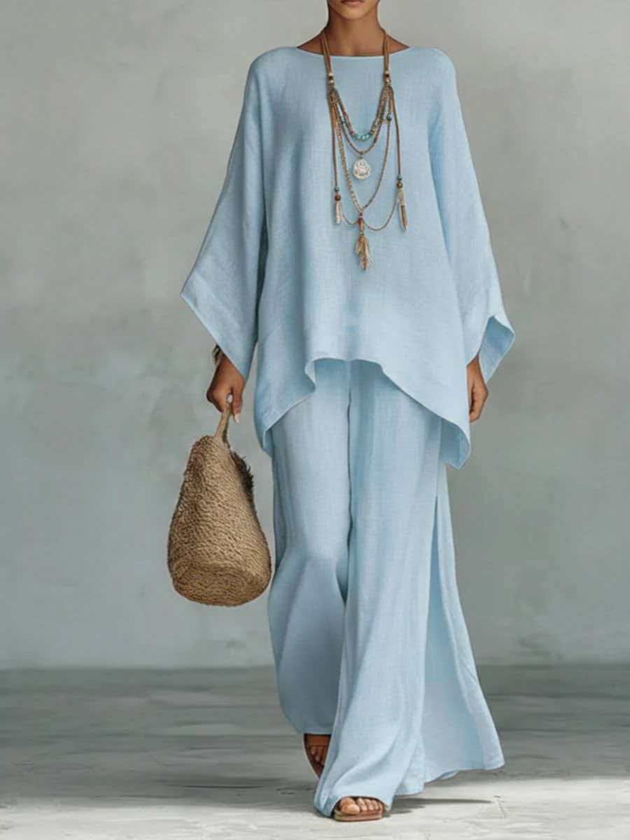 Linen-Look Asymmetric Tunic Top & Wide-Leg Pants Set
