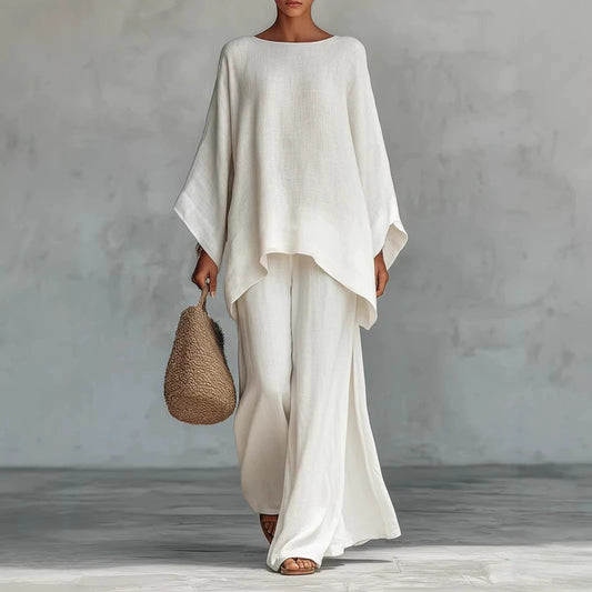 Linen-Look Asymmetric Tunic Top & Wide-Leg Pants Set